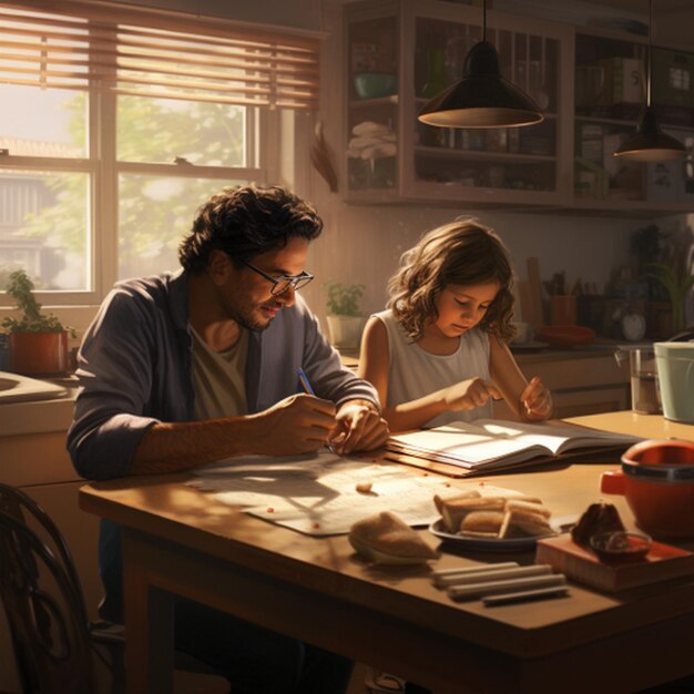 A parent sitting at a table with their child, helping them with homework. The parent is pointing to a math problem in a textbook, demonstrating active involvement in the child's education.