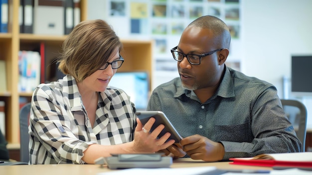 A teacher giving feedback to a student on their essay using a digital tablet, highlighting areas for improvement and offering suggestions in a friendly manner. The student is engaged and attentive.