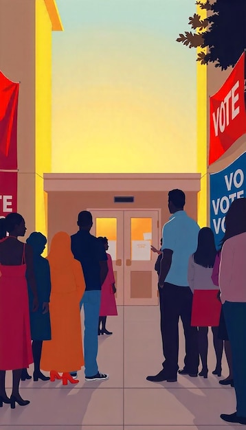 A diverse group of people standing in line to vote at a polling station, representing the importance of equal access to voting rights for all citizens.